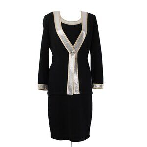 Toula Dress Suit Sz 8 Black Gold Paillettes Santana Knit Sleeveless Dress Suit
